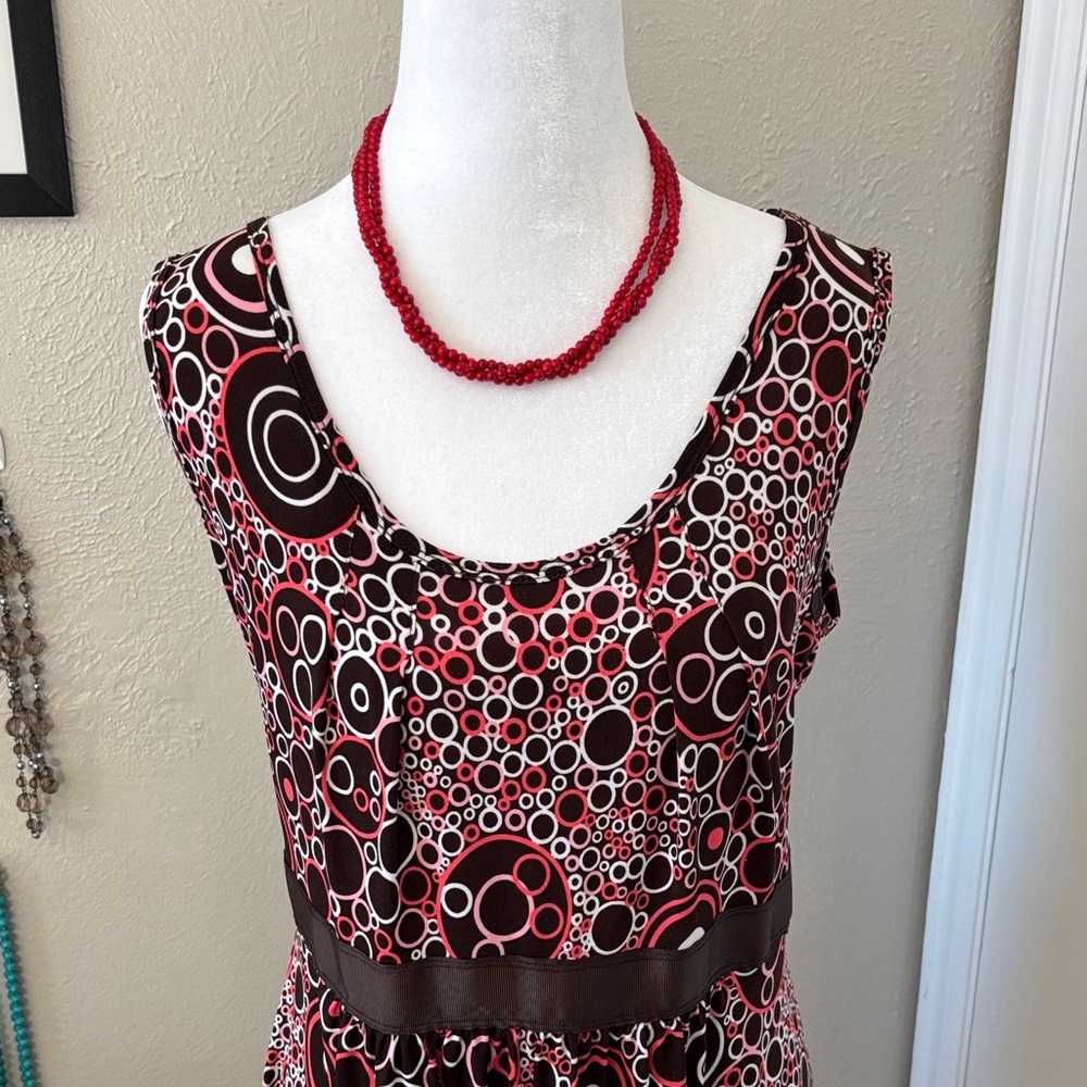 Clear out!!! Brown White Coral Sleeveless Circle Print Midi Dress